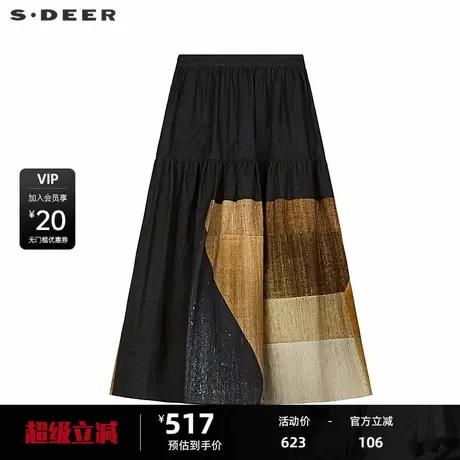 sdeer圣迪奥女装松紧拼接撞色印花棉麻长裙S25181102图片