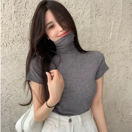 高领短袖女气质紧身显胸T恤堆堆领浅灰裸杏黑白纯色薄款打底衫潮图片