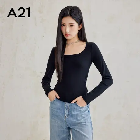 A21女装针织修身圆领长袖T恤内搭打底衫中长款修身显瘦纯色上衣商品大图