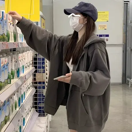 拉链外套女2025新款爆款早秋季小个子韩系慵懒风连帽卫衣开衫上衣商品大图