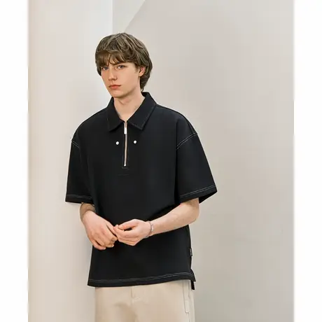 Lilbetter半拉链华夫格明线设计短袖polo衫男宽松通勤五分袖T恤图片