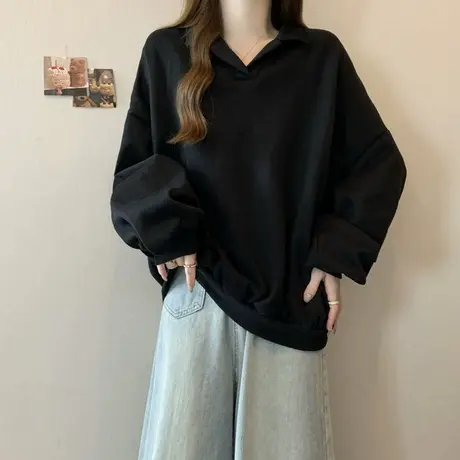 韩系高级感polo翻领长袖卫衣女春秋季薄款宽松韩版百搭上衣外套潮图片