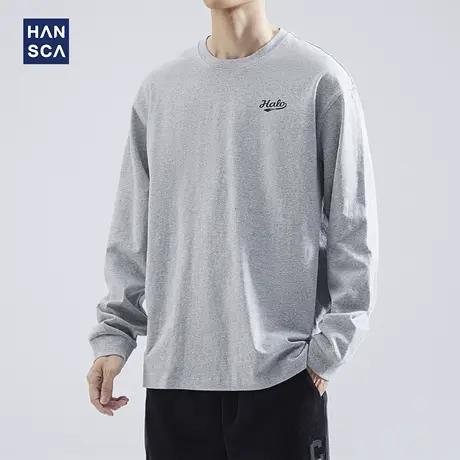 hansca 春秋季260g纯棉长袖t恤男2025新款美式宽松大码印花打底衫商品大图