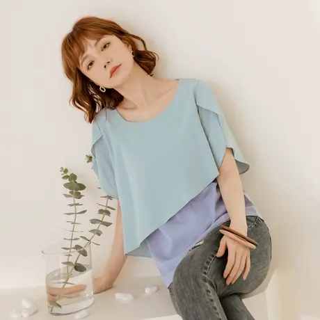 桔熊夏季浪漫荷葉邊撞色舒適涼爽雪紡衫花苞袖上衣女大碼AB18671商品大图