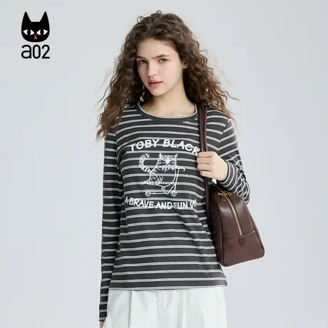 a02黑猫系列宽松圆领条纹长袖T恤女2025新款秋季通勤穿搭打底衫图片