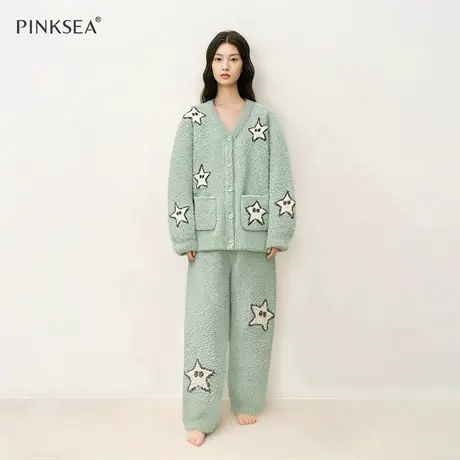 半边绒睡衣女款秋冬季加厚保暖长袖长裤高级感简约开衫家居服套装商品大图