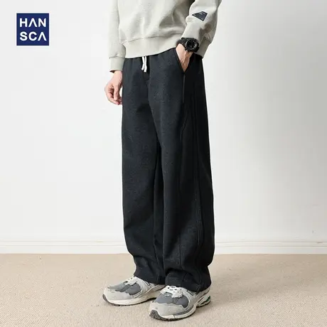 hansca秋季300g重磅宽松卫裤男美式运动抽绳直筒垂感拼接休闲裤子商品大图