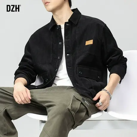 男士黑色灯芯绒夹克男工装衬衣式外套男款春秋款2023新款长袖上衣商品大图