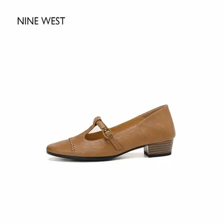 Nine West/玖熙复古真皮小方头通勤单鞋女粗跟圆头软皮单鞋图片