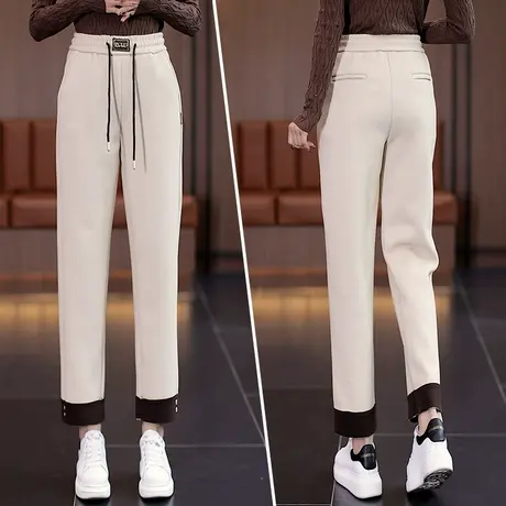 撞色毛呢哈伦裤女松紧腰高腰秋冬2023年新款保暖加厚直筒休闲裤子图片