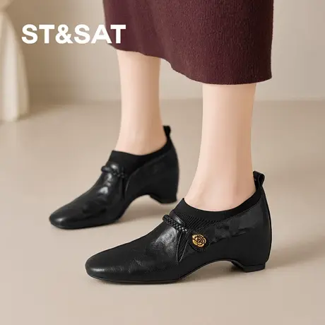 星期六乐福鞋女2026新款法式复古方头黑色真皮编织粗跟巨舒适单鞋商品大图