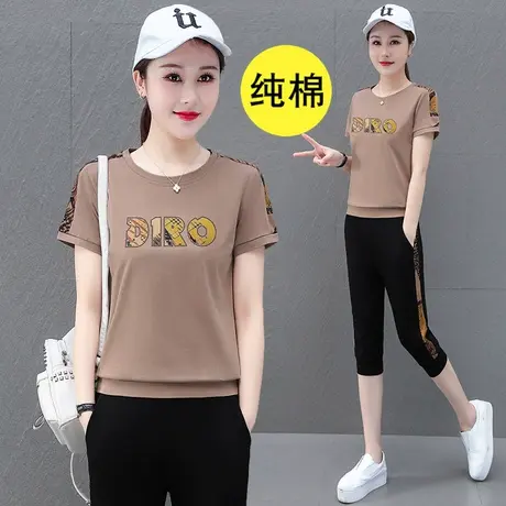 纯棉运动套装女妈妈两件套2023新款时尚夏装休闲服短袖七分裤40岁商品大图