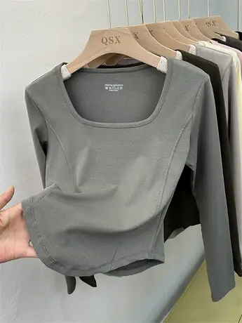 设计感正肩长袖方领T恤女2023早秋洋气修身显瘦打底内搭锁骨上衣商品大图