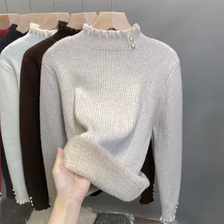 一体绒半高领毛衣女加绒加厚打底衫2023秋冬新款针织衫内搭上衣潮商品大图