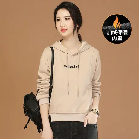 新品8.5折】美式连帽字母加绒卫衣女宽松套头保暖上衣厚图片