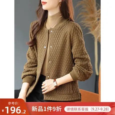 宝诗黎棒球领格子宽松短外套纯色宽松夹克口袋上衣女2023秋季新款商品大图