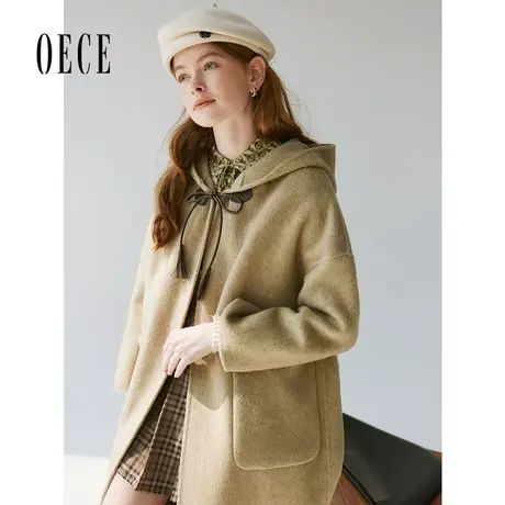 【双11新品】Oece复古连帽双面呢大衣女2023冬季新款中长款外套商品大图