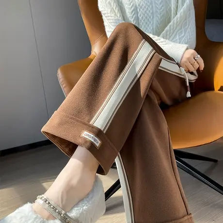 咖色加绒毛呢裤女冬季加厚高腰显瘦休闲宽松直筒裤子松紧腰阔腿裤商品大图