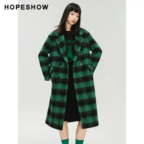红袖outlets格纹翻领双面呢大衣hopeshow2023冬款绿格长款外套女商品大图