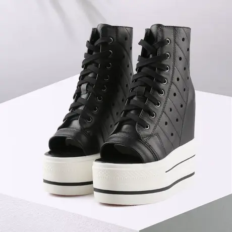 坚城12cm内增高凉靴子女洞洞镂空透气鱼嘴凉鞋厚底高帮真皮松糕鞋商品大图