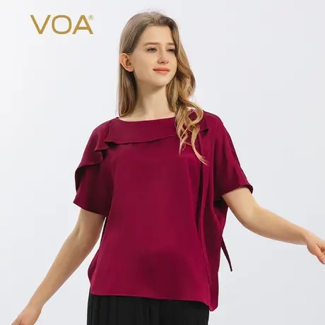 VOA40姆米双面缎桑蚕丝圆领蝙蝠袖不对称设计深红宽松显瘦真丝T恤图片
