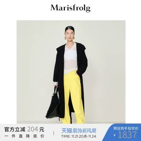 【纯羊毛收腰连衣裙】玛丝菲尔冬新款黑色纯羊毛连帽卫衣针织外套图片