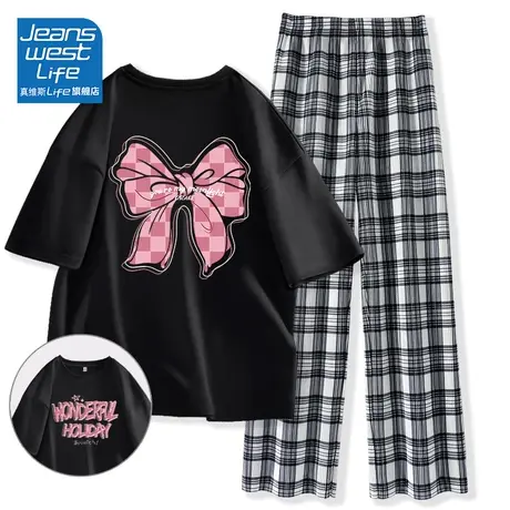 真维斯LIFE短袖套装女夏2023新款休闲t恤通勤时尚流行运动格子裤图片