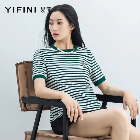 Yifini/易菲纯棉条纹衫短袖圆领T恤女夏季新款百搭时尚上衣商品大图