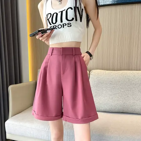 雪纺西装短裤女夏季新款冰丝粉色高腰阔腿宽松直筒休闲a字五分裤商品大图