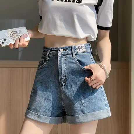 高腰牛仔短裤女夏季薄款2025年外穿宽松显瘦卷边阔腿a字热裤潮ins图片
