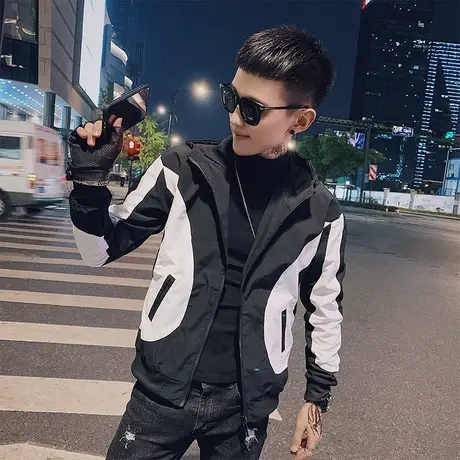 秋季男士夹克上衣连帽修身潮流休闲帅气拼色网红潮牌社会小伙ins图片