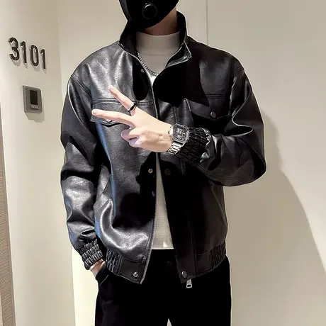 春秋季复古做旧皮衣外套男痞帅骑行机车服潮牌炸街立领皮夹克上衣图片