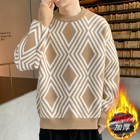 新款毛衣男士宽松加绒加厚冬季韩版潮流打底针织线衣格子条纹外套商品大图