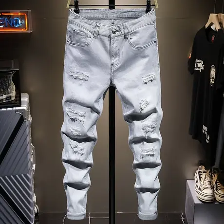 夏季薄款破洞牛仔裤男潮牌时尚修身小脚百搭男士乞丐裤子男弹力款商品大图