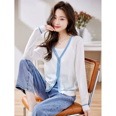 时尚气质淑女针织开衫2023年春夏新款简约V领宽松显瘦通勤上衣图片