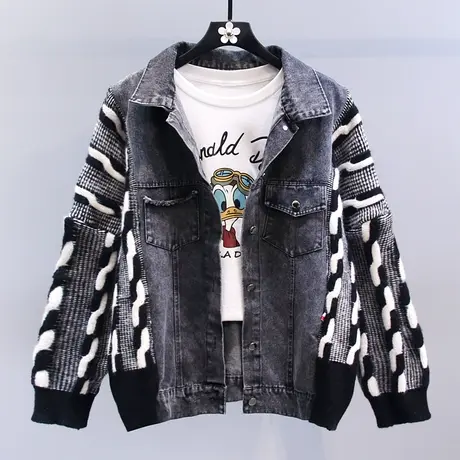 慵懒风牛仔拼接毛衣外套女秋冬2023新款宽松设计感休闲针织开衫商品大图