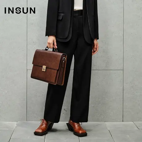 INSUN恩裳专选秋季醋酸混纺黑色直筒休闲裤商品大图