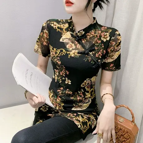 中国风复古印花T恤女短袖气质网纱盘扣小衫时尚中长款不规则上衣图片