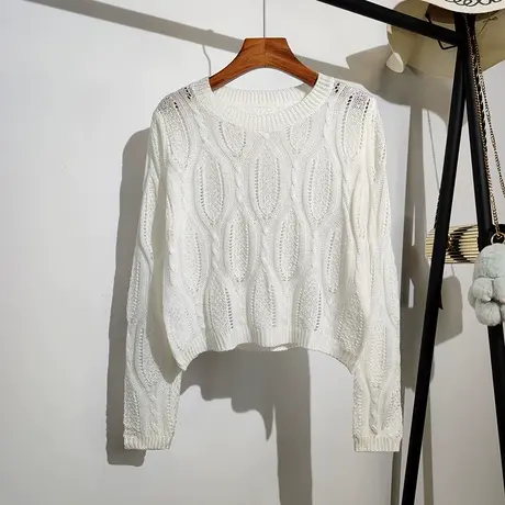针织镂空衫套头女春夏新款韩版长袖短款薄款纯色打底上衣空调罩衫商品大图