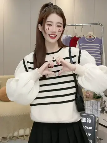 新款甜美森系拼接泡泡袖保暖套头针织衣2023早春撞色条纹针织上衣商品大图