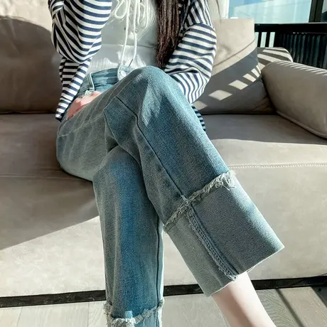 烟管裤女2023新款春秋季拼色高腰显瘦浅色小个子九分直筒牛仔裤子商品大图