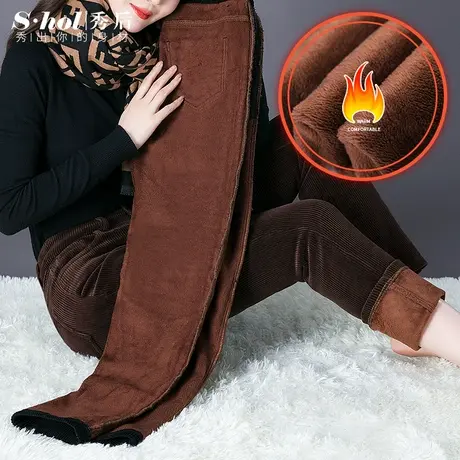 秀后灯芯绒直筒裤女2023冬季新款加绒加厚裤高腰弹力中年妈妈女裤图片