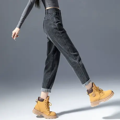 黑色潮牌牛仔裤女2023年新款春秋女裤高腰显瘦萝卜裤老爹裤哈伦裤图片