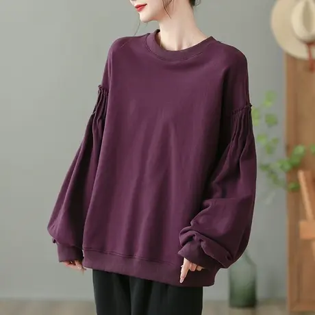 dza 复古拼接袖宽松卫衣女士纯棉圆领上衣春秋新款显瘦长袖短外套图片