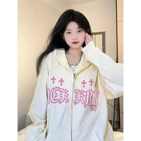 美式复古oversize潮牌卫衣女春秋宽松慵懒风连帽上衣薄款开衫外套商品大图