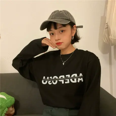 红续2023春款ins上衣设计感小众复古字母印花长袖t恤女打底衫薄款图片