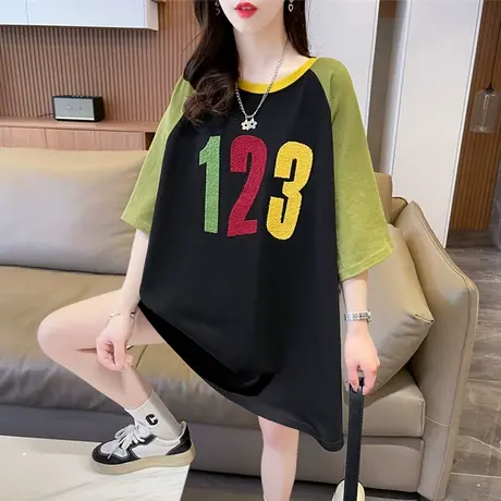 小众设计感短袖t恤女夏装韩版宽松大码中长款撞色百搭连衣裙子潮图片