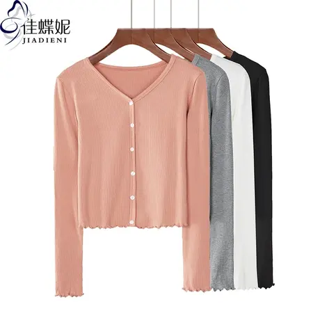 V领短款长袖T恤纯棉木耳边春秋季新款修身显瘦螺纹韩版百搭上衣女商品大图
