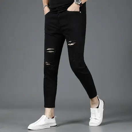 纯黑色破洞牛仔裤男九分裤夏季薄款2023新款修身小脚男士裤子潮流图片