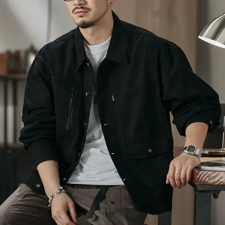 潮流时尚经典鱼骨纹男士大码夹克重磅绕织天然有机棉夹克外套男图片